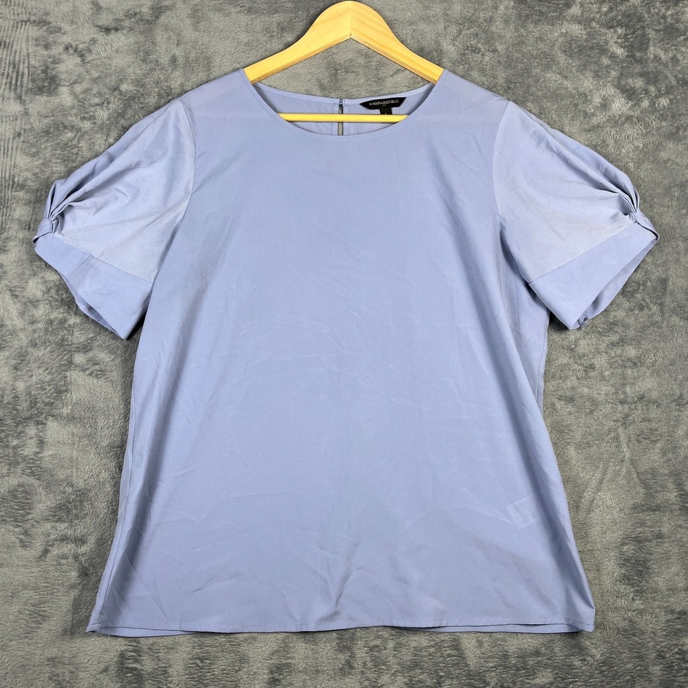 Banana Republic Blouse Top Women Large Light Blue Round Neck Cinched Puff Sleeve